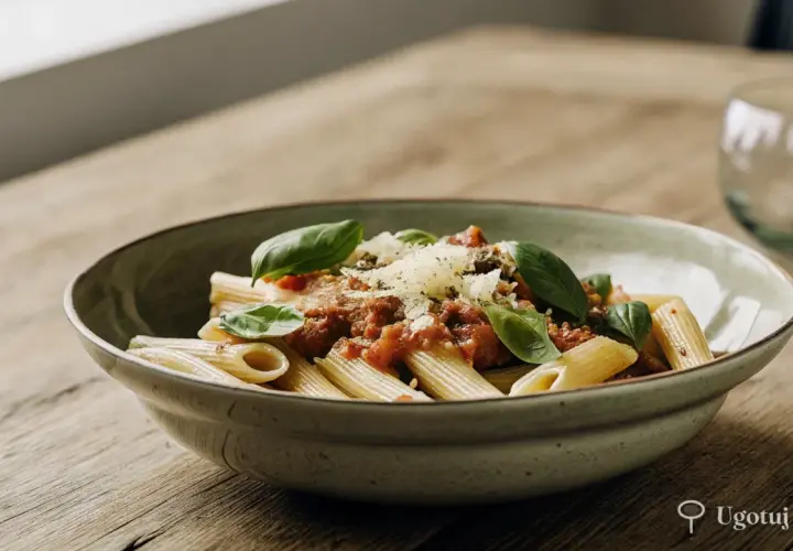 Penne z sosem pomidorowym i tuńczykiem, posypane parmezanem i udekorowane listkami bazylii. Pyszny makaron z tuńczykiem na drewnianym stole.