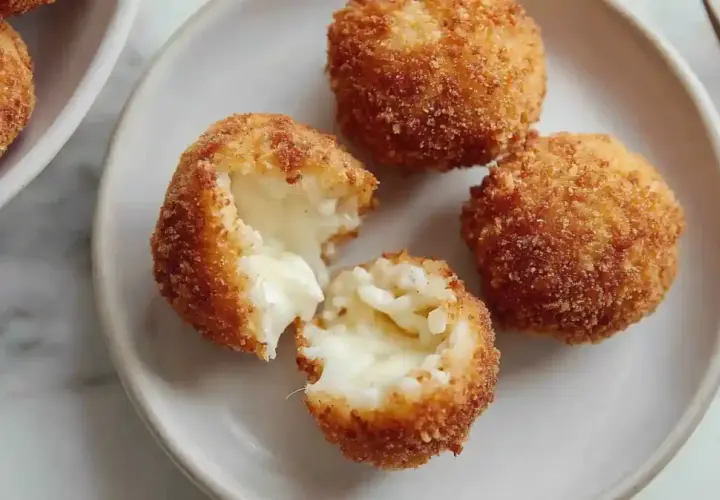 Croquettes de riz italiennes dorées et croustillantes, une bouchée révèle un cœur fondant. Parfaites pour une recette facile.