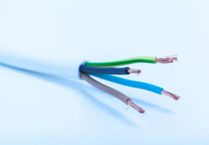 Przewód elektryczny z żyłami w kolorach zielonym, czarnym, niebieskim i brązowym. Idealny, by dowiedzieć się, jaki kabel do oświetlenia ogrodu wybrać.
