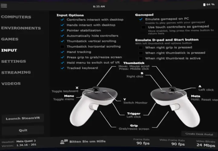 Interface de configuration de vr desktop montrant les options d'entrée et de manette pour les casques VR.