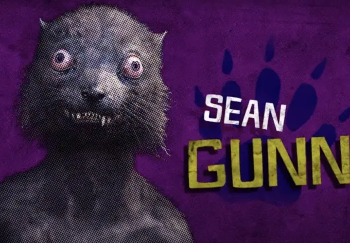 Une belette aux yeux exorbités, clin d'œil à Sean Gunn dans Suicide Squad 2, sur fond violet avec des empreintes de pattes.