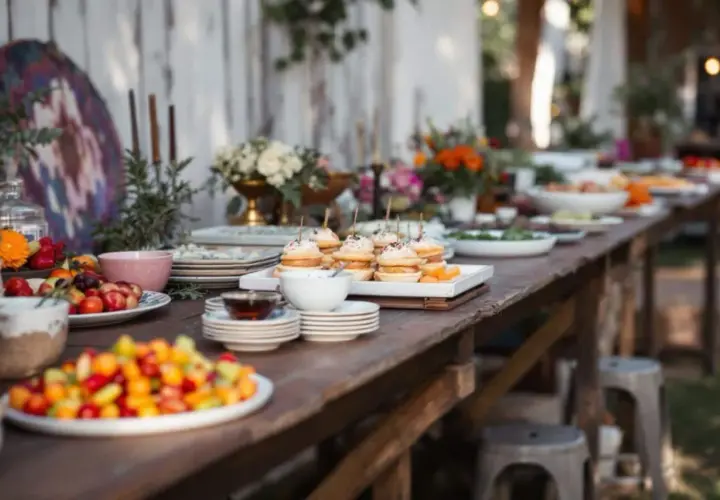 Buffet mariage bohème chic : petits fours, salades de fruits colorées et fleurs champêtres sur une table en bois rustique.