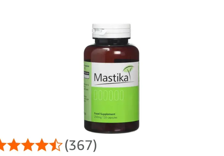 Butelka suplementu diety Mastika, 250mg 120 kapsułek. Mastika na co? Na problemy z żołądkiem.
