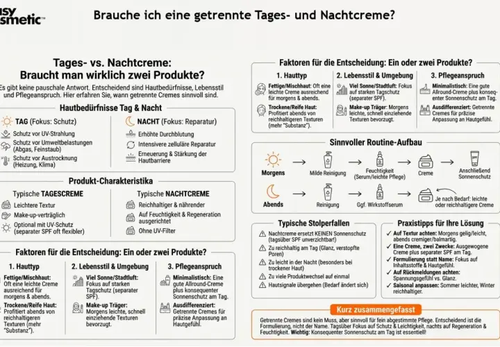 Die Grafik erklärt, wann eine getrennte Tages- und Nachtpflege sinnvoll ist. Sie vergleicht die Eigenschaften und den Nutzen beider Cremes.