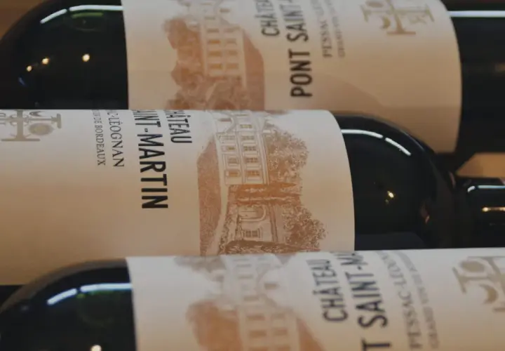 Bouteilles de vin Château Pontet-Canet, millésime Pessac-Léognan, avec une gravure de château sur l'étiquette.