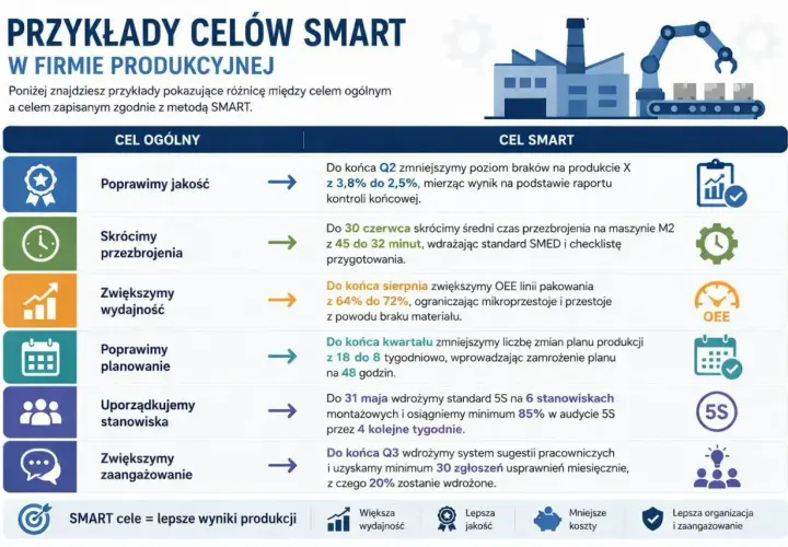 Przykłady celów SMART w firmie produkcyjnej: poprawa jakości, skrócenie przezbrojeń, zwiększenie wydajności, lepsze planowanie, uporządkowanie stanowisk, zwiększenie zaangażowania.