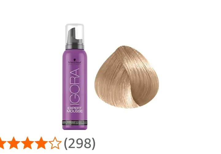 En flaska lila hårfärg mousse bredvid en lock ljust blont hår.