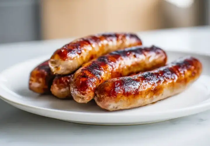 Cinq saucisses de Toulouse grillées à la perfection, prêtes pour la cuisson.