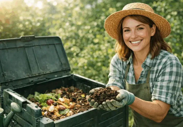 Donna sorridente con cappello di paglia mostra compost maturo, frutto del suo lavoro su come fare il compost.