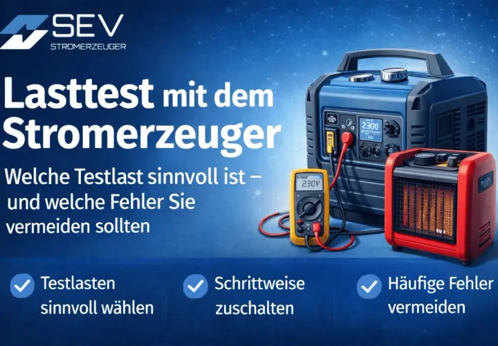 Ein 5 kW Generator mit angeschlossenem Heizlüfter und Voltmeter. Der Text informiert über Lasttests mit Stromerzeugern.