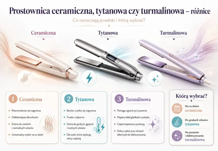Trzy prostownice do włosów: ceramiczna, tytanowa i turmalinowa, z opisami ich cech.