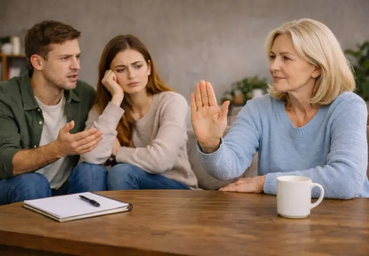 Kobieta pokazuje dłoń, symbolizując stawianie granic facetowi. Młoda para wygląda na zmartwioną.