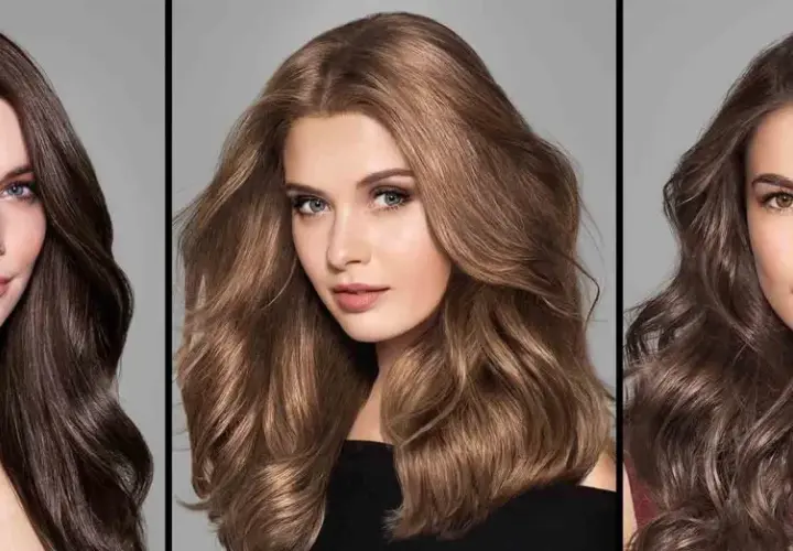 Tres mujeres lucen estilos de cabello castaño con reflejos miel, cada una con un look único y radiante.