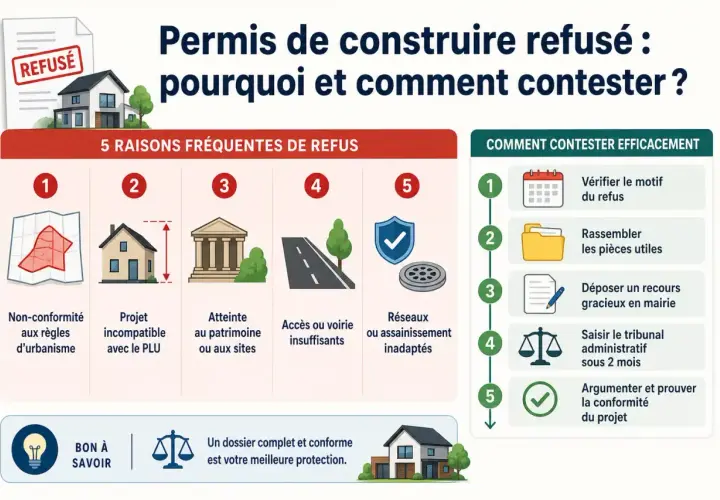 Permis de construire refusé : 5 raisons et comment contester efficacement, y compris saisir le tribunal administratif.