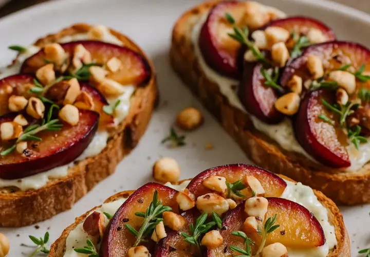 Bruschetta z gorgonzolą, śliwkami i orzechami laskowymi. Pyszna przekąska, która zachwyci każdego smakosza.