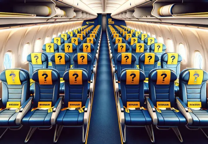 Puste rzędy siedzeń w samolocie Ryanair. Ile jest miejsc w samolocie? Zagadkowe żółte zagłówki z pytajnikami sugerują tajemnicę.