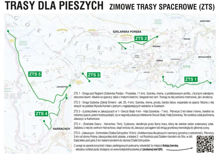 Mapa tras spacerowych w Górach Izerskich i Karkonoszach. Zaznaczone szlaki ZTS 1-5, punkty widokowe i schroniska.