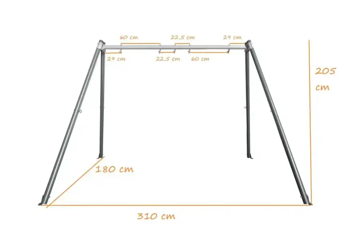 Wymiary huśtawki ogrodowej: wysokość 205 cm, szerokość 310 cm, głębokość 180 cm. Idealna do zrobienia huśtawki.