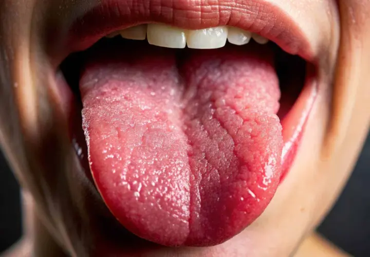 Lingua arsa e secca, con papille evidenti. Potrebbe indicare disidratazione o altre cause di bocca arsa.