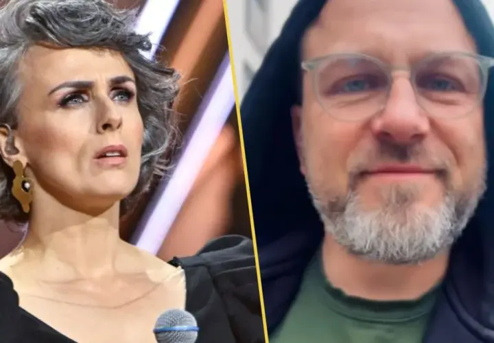 Natalia Niemen z mężem. Artystka na scenie, obok niej zbliżenie na twarz mężczyzny w okularach i z brodą.