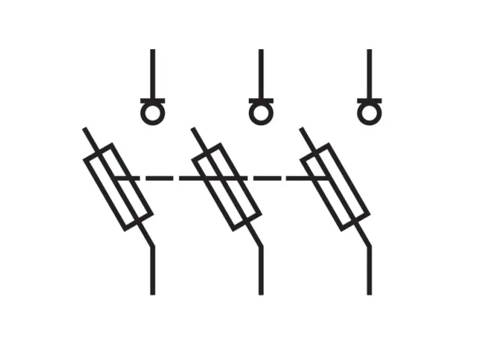 Schematyczny rozłącznik izolacyjny symbol. Trzy połączone prostokąty z ukośnymi liniami, symbolizujące trzy bieguny.