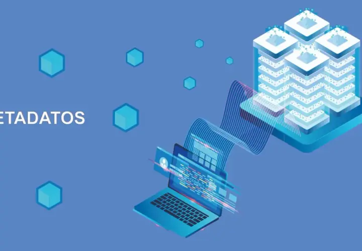 Ilustración de varios tipos de metadatos fluyendo desde una laptop a un servidor.