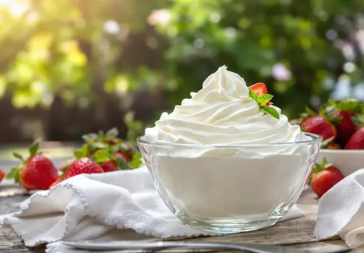 Un bol de crème chantilly qui tient longtemps, garni d'une fraise et d'une feuille de menthe, entouré de fraises fraîches.