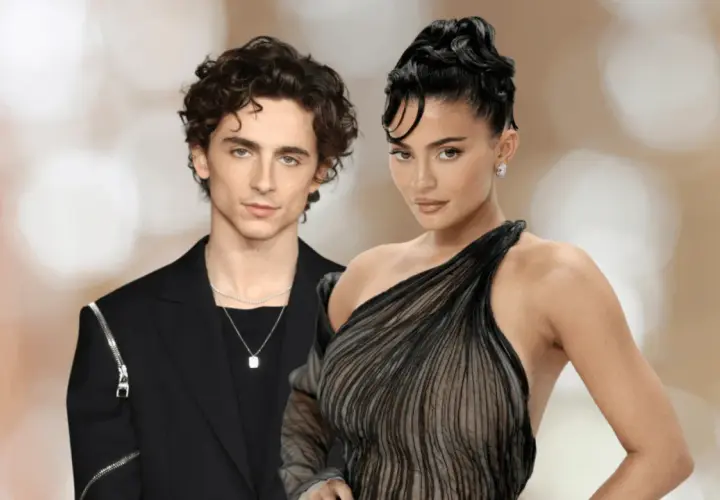 Kylie Jenner i Timothée Chalamet na wydarzeniu. Kylie w czarnej, transparentnej sukni, Timothée w eleganckim czarnym garniturze.