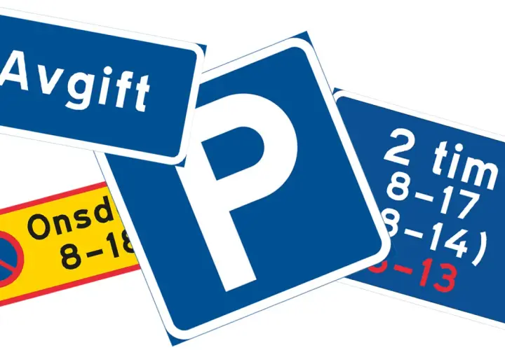 Parkeringsskyltar med information om avgift, tidsbegränsning och stoppförbud. Dessa skyltar visar viktiga lastplats regler.