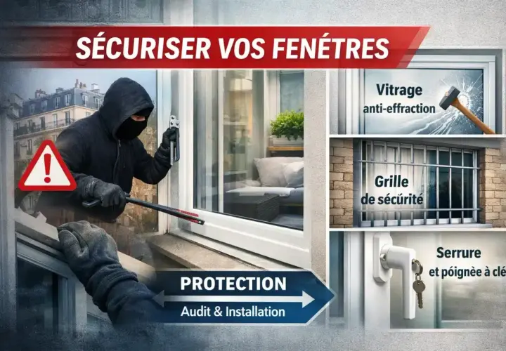 Un cambrioleur tente d'entrer par une fenêtre. L'image montre des solutions de sécurité : vitrage anti-effraction, grille, serrure.