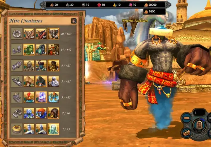 Menu "Hire Creatures" z gry Heroes 5 spolszczenie. Widoczny Djinn Sultan i dostępne jednostki do rekrutacji.