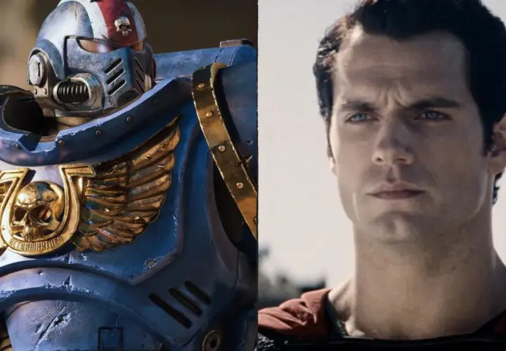 Henry Cavill jako Superman obok zbroi Space Marine z Warhammer.