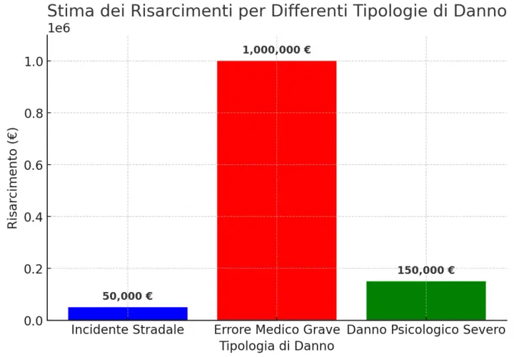 Grafico a barre: Incidente Stradale (50.000€), Errore Medico Grave (1.000.000€), Danno Psicologico Severo (150.000€). Utile per un ricorso INAIL danno biologico.