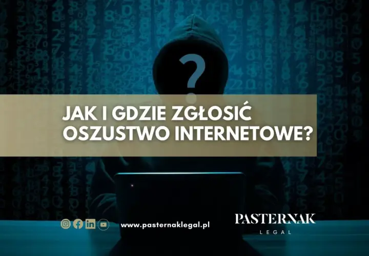 Sylwetka hakera z pytajnikiem na twarzy, siedząca przed laptopem. Tekst: "Jak i gdzie zgłosić oszustwo internetowe?".
