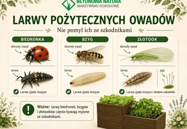 Larwy biedronki, bzyga i złotooka zjadają mszyce. Nie myl ich ze szkodnikami!