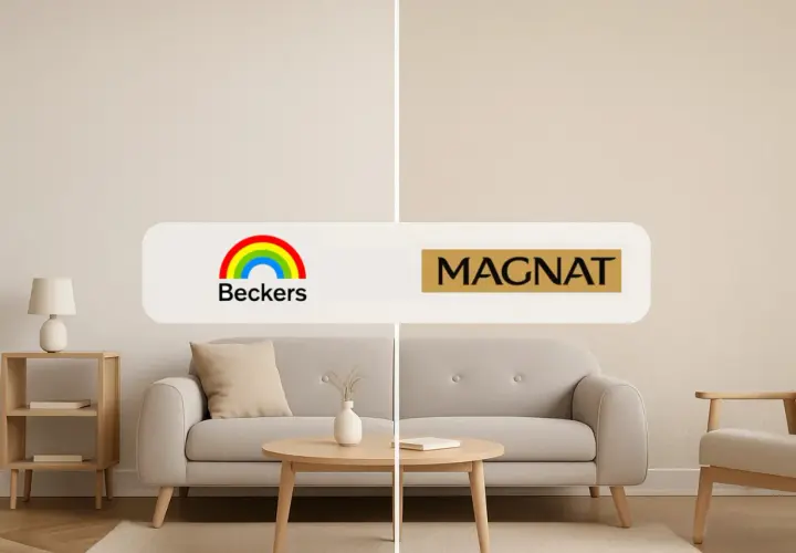 Porównanie salonów: po lewej logo Beckers, po prawej logo Magnat. Oba wnętrza urządzone w jasnych, neutralnych kolorach.