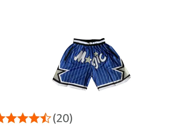 Niebieskie szorty koszykarskie z białymi paskami i napisem "Magic" ozdobione gwiazdkami. Idealne dla fana basketu.