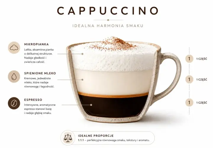 Idealne proporcje cappuccino: 1:1:1 espresso, spienione mleko i mikropianka tworzą harmonię smaku.