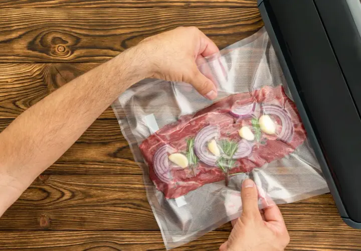 Mięso z cebulą i czosnkiem w woreczku do pakowania próżniowego. Czy można mrozić produkty pakowane próżniowo? Tak, to świetny sposób na zachowanie świeżości.