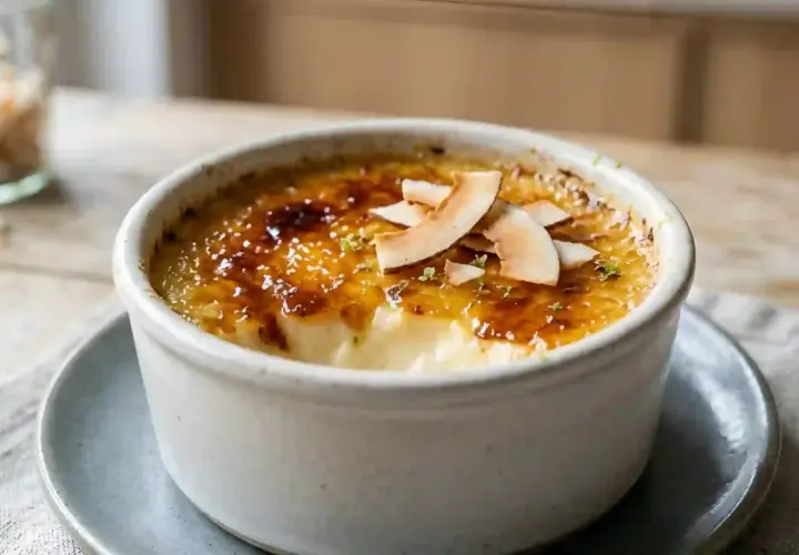 Crème brûlée avec une croûte caramélisée dorée, garnie de copeaux de noix de coco et d'un soupçon de zeste vert.