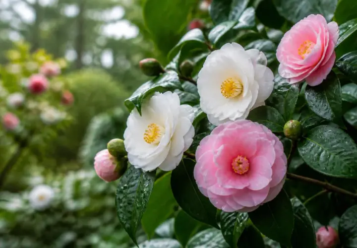 Fleurs de camélia roses et blanches épanouies dans une plantation. Les feuilles vertes et humides entourent les bourgeons.