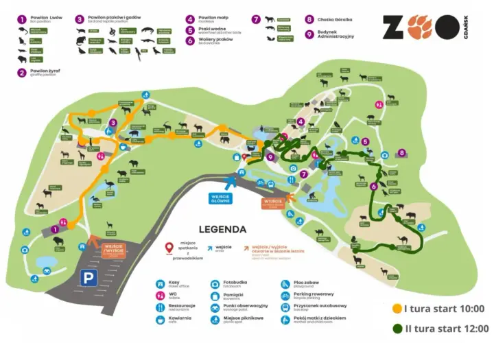 Mapa zoo w Gdańsku z zaznaczonymi pawilonami zwierząt, wejściami, wyjściami i legendą.