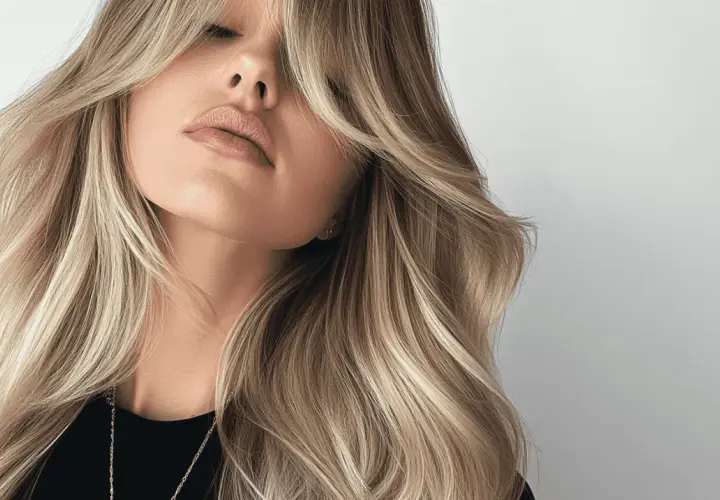 Kobieta z falowanymi, blond włosami i cieniowaną grzywką na boki. Delikatny makijaż ust podkreśla jej urodę.