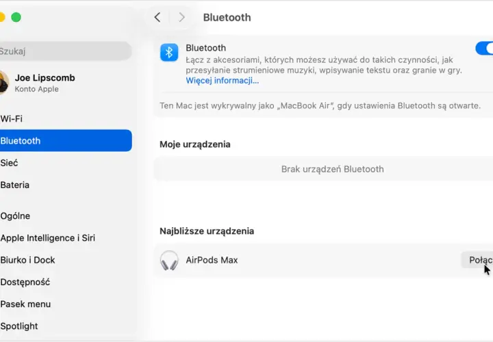 Ustawienia Bluetooth na Macu, pokazujące jak podłączyć słuchawki Apple AirPods Max do laptopa.
