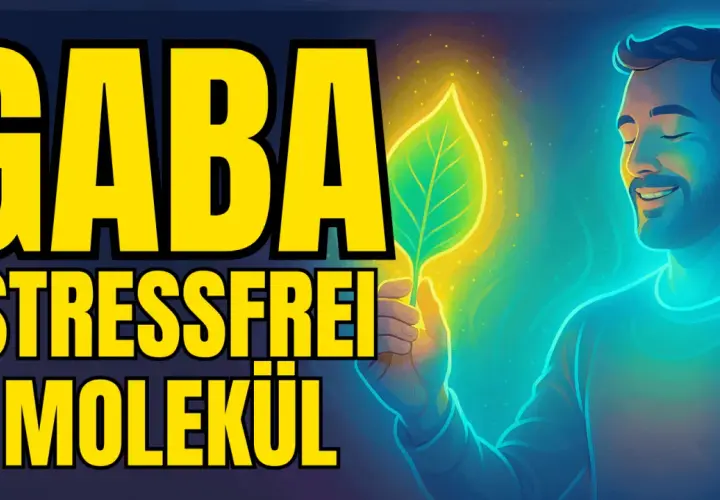 Mann hält leuchtendes Blatt, "GABA STRESSFREI MOLEKÜL" groß geschrieben. Richtige GABA Dosierung für Entspannung.