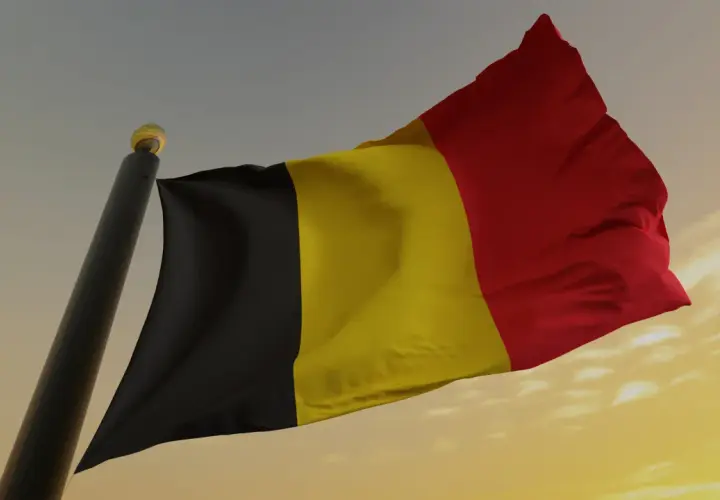 Flaga Belgii powiewająca na maszcie na tle zachodzącego słońca.