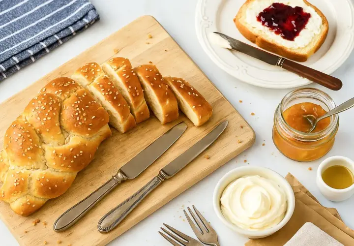 Pane intrecciato dorato con semi di sesamo, affettato su un tagliere di legno, pronto per essere gustato con marmellata e burro.