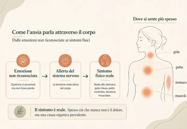 Schema che illustra come le emozioni non riconosciute causano allerta nervosa e sintomi fisici reali, come il disturbo di somatizzazione.