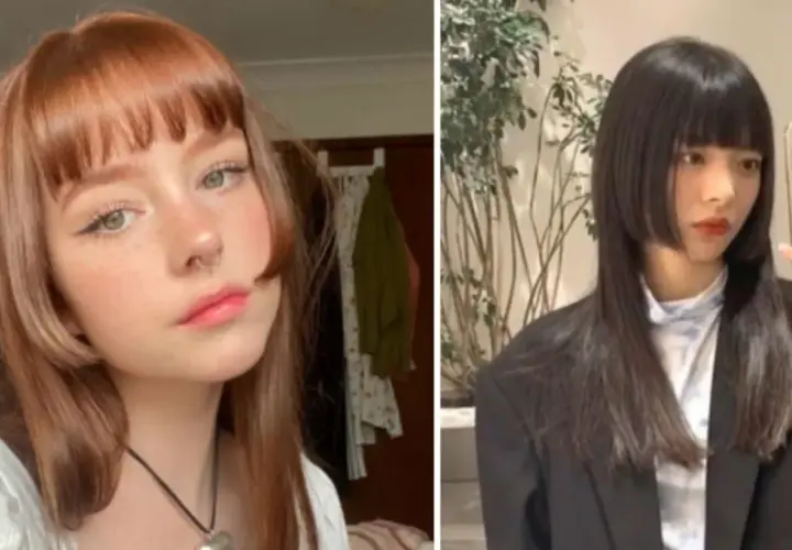 Dos mujeres con corte de pelo hime cut. Una tiene el pelo castaño rojizo y la otra, negro azabache.