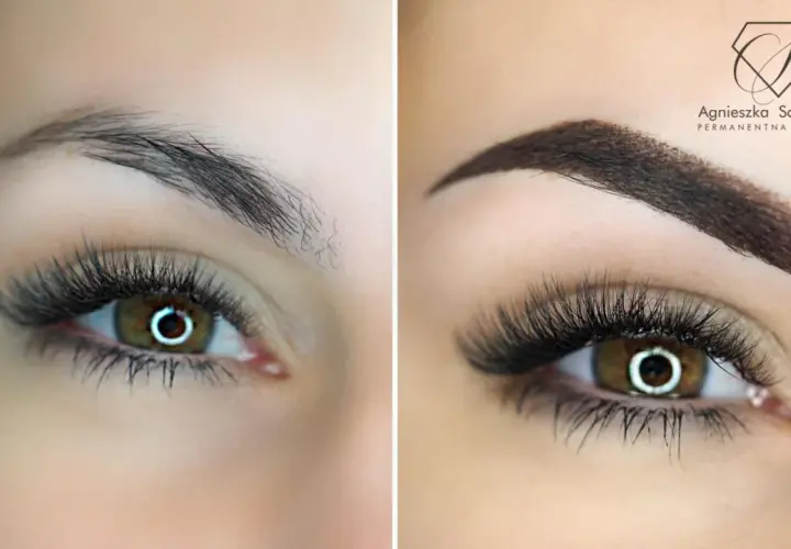 Przed i po: naturalne brwi vs. brwi permanentne ombre. Efekt gęstszych, idealnie podkreślonych brwi.